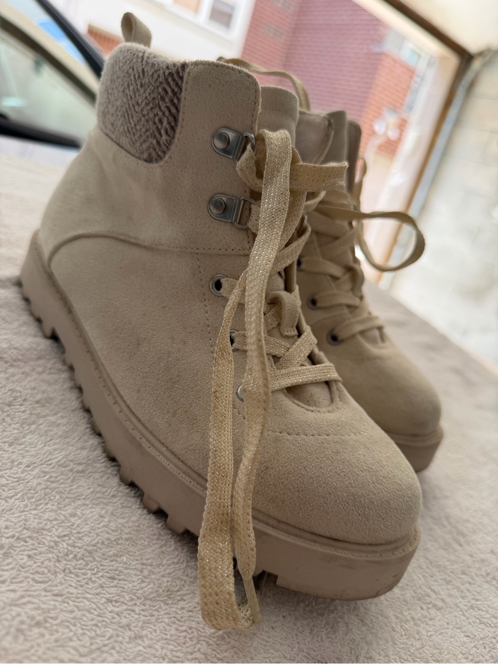 Women’s Beige Suede Lace-Up Ankle Boots